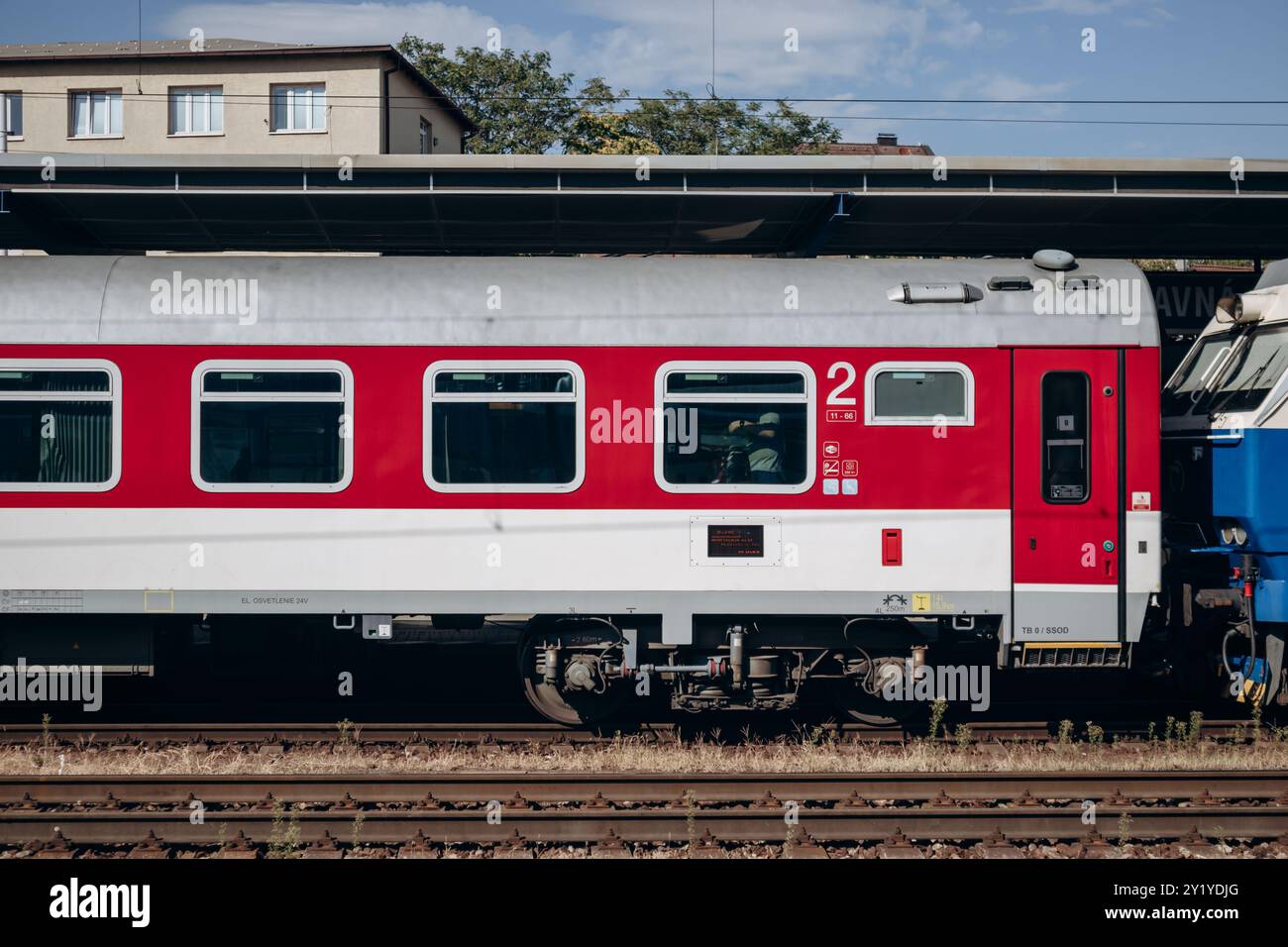 Bratislava, Slovakia - August 7, 2024: Close-up of a Slovak train at Bratislava Central Station Stock Photo