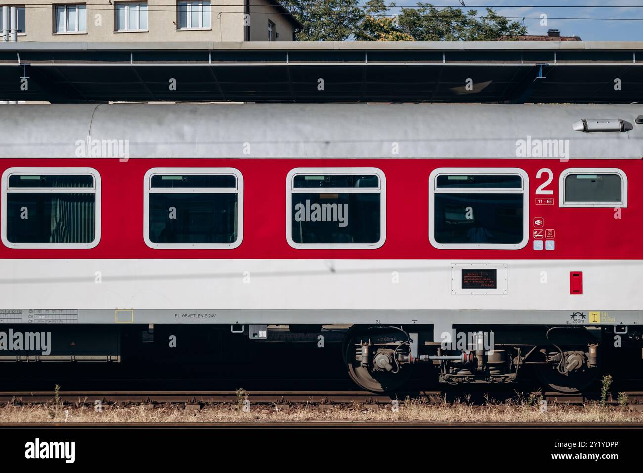 Bratislava, Slovakia - August 7, 2024: Close-up of a Slovak train at Bratislava Central Station Stock Photo