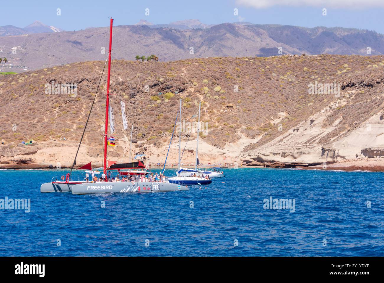 Vor Teneriffa geankerte Boote und Katamaran nach einer Walbeobachtung. Stock Photo