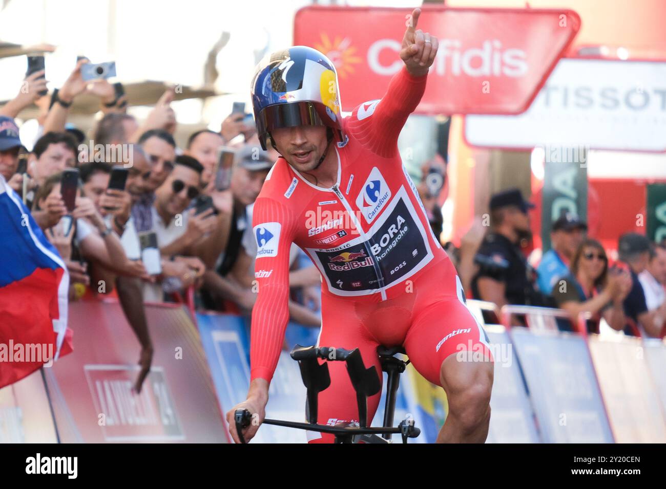 Primoz Roglic of Slovenia and Red Bull Bora Team celebrates his victory ...