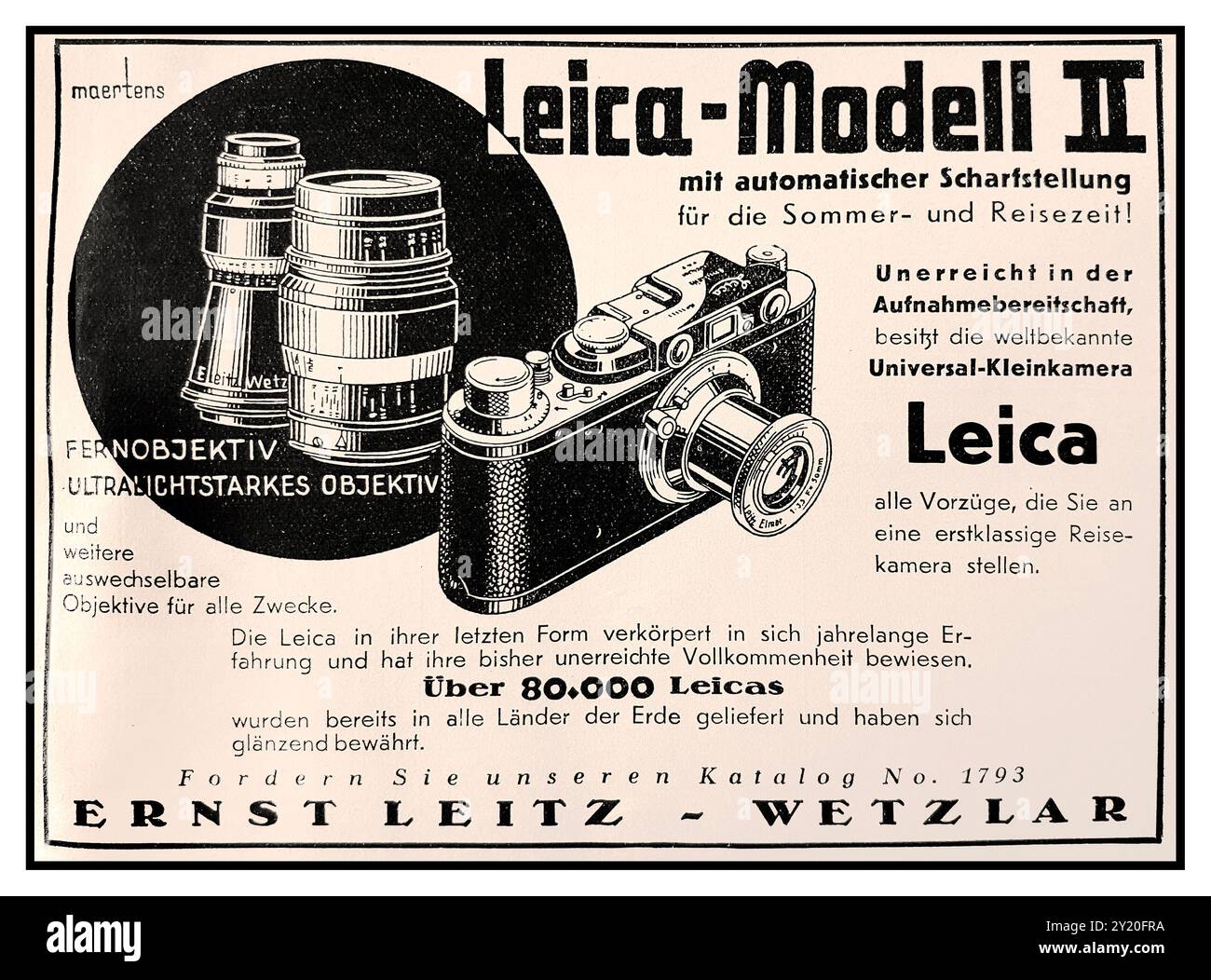 vintage 1930s Press advertisement for Leica II 35mm German legendary quality photography camera system A vintage press advertisement for the Leica II “legendary German precision” and “innovative 35mm system” to appeal to professional photographers and enthusiasts alike. The imagery might includes a sleek shot of the camera, with its iconic rangefinder and compact body, alongside descriptive text highlighting its interchangeable lenses, compact design, and durability. ERNST LEITZ WETZLAR GERMANY Stock Photo