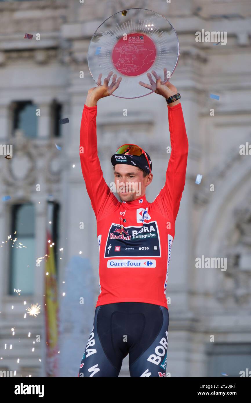 Primoz Roglic of Slovenia and Red Bull Bora Team celebrates his victory