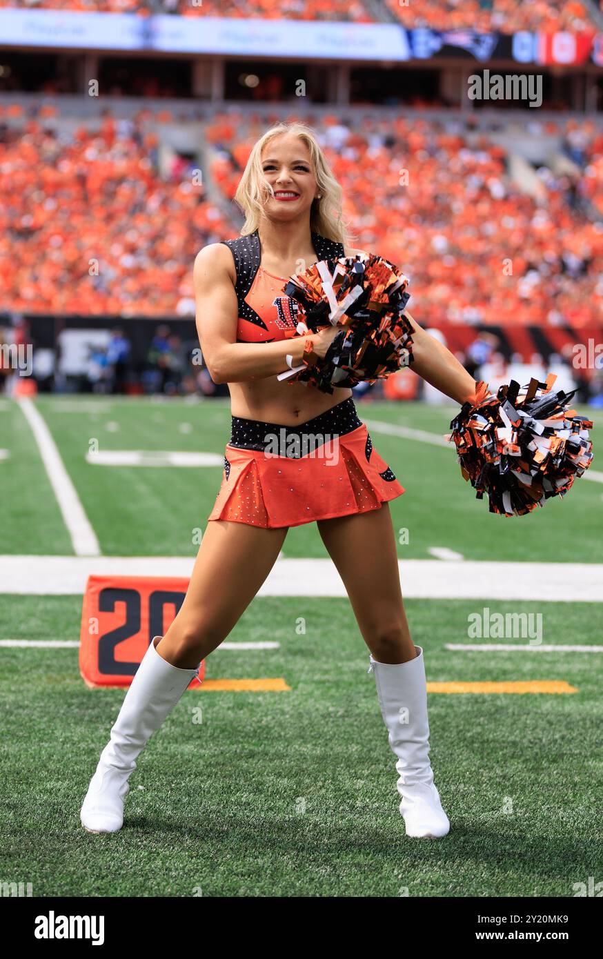 Cincinnati, Ohio, USA. 8th Sep, 2024. BEN-GALS cheerleader performs during the regular season game between the New England Patriots and Cincinnati Bengals in Cincinnati, Ohio. JP Waldron/Cal Sport Media/Alamy Live News Stock Photo