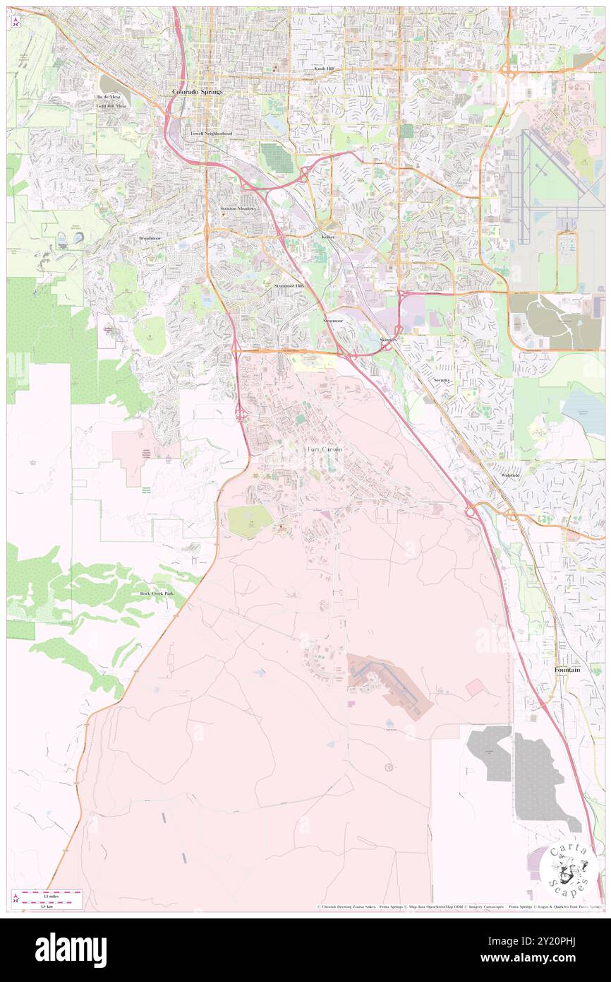 Fort Carson, El Paso County, US, United States, Colorado, N 38 44' 14'', S 104 47' 19'', map, Cartascapes Map published in 2024. Explore Cartascapes, a map revealing Earth's diverse landscapes, cultures, and ecosystems. Journey through time and space, discovering the interconnectedness of our planet's past, present, and future. Stock Photo