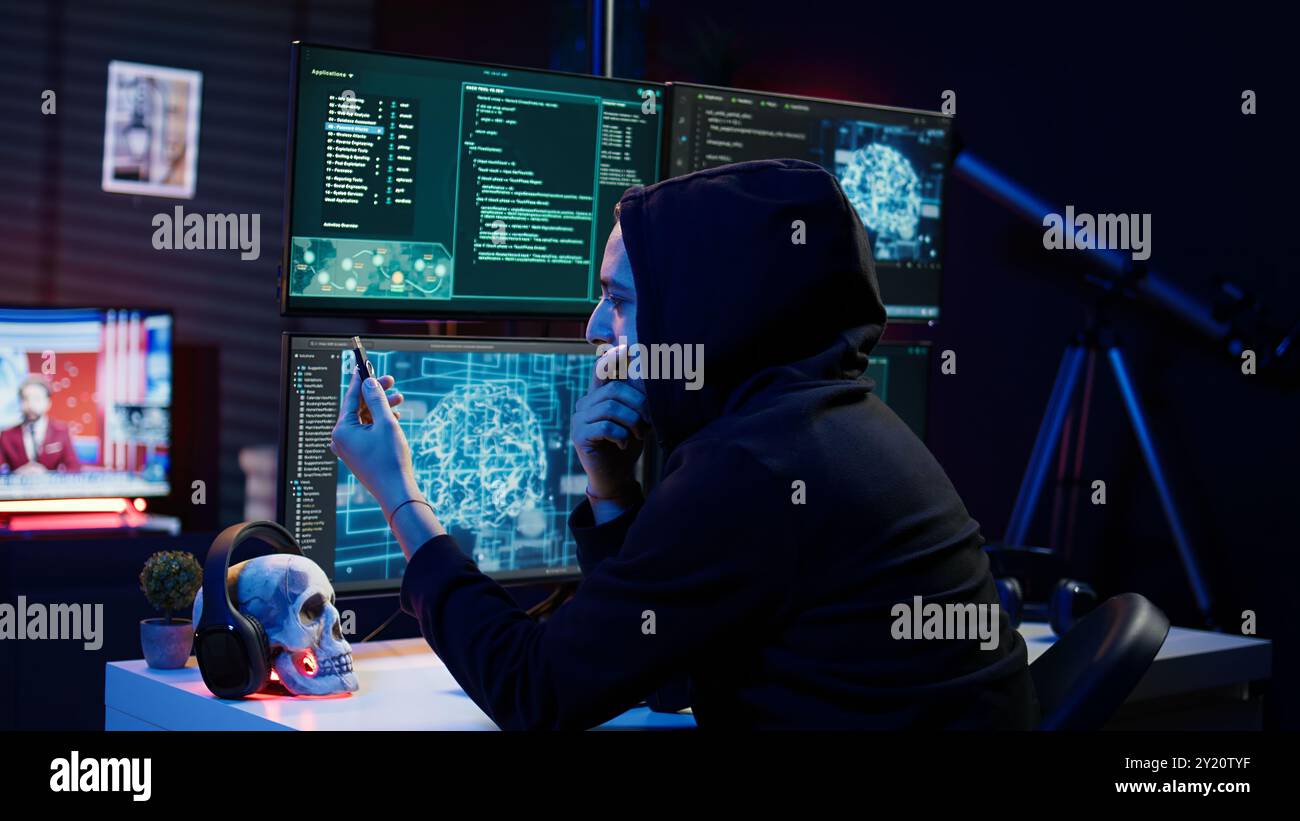 Hacker inserting USB in computer after managing to steal sensitive data, close up. Scammer uploading storage drive into PC after obtaining sensitive information from users using malware, camera B Stock Photo