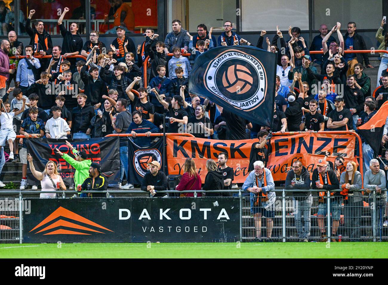 fans and supporters of Deinze pictured during a soccer game between KMSK Deinze and Dikkelvenne during the 1st round in the Croky Cup 2024-2025 season , on  Sunday 8 September 2024  in Deinze , Belgium . PHOTO SPORTPIX | Stijn Audooren Stock Photo