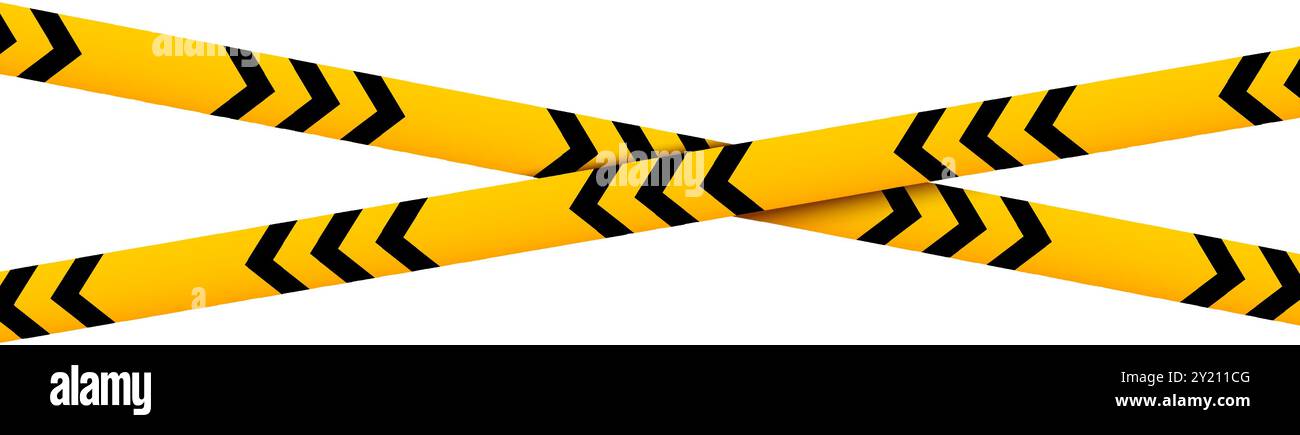 Crossed caution tapes with black and yellow chevron print. Safety borders in restricted zone, construction work area or crime scene. Hazard, emergency or closed perimeter signs. Vector illustration. Stock Vector