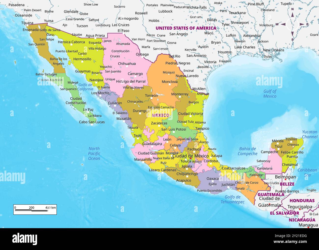 Mexico Political Map With Capital Cities Towns National Borders Mexico Political Map With Capital Cities Towns National Borders Rivers And Lakes Labeling 2Y21EDG