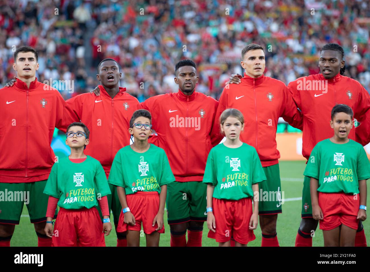 September 08, 2024. Lisbon, Portugal. Portugal's and Bayern Munchen midfielder Joao Palhinha (6), Portugal's and Paris Saint-German defender Nuno Mendes (19), Portugal's and Wolverhampton defender Nelson Semedo (2), Portugal's and Bayern Munchen midfielder Joao Palhinha (6) and Portugal's and Milan forward Rafael Leao (17) in action during the League Phase Group 1 of the UEFA Nations League, Portugal vs Scotland Credit: Alexandre de Sousa/Alamy Live News Stock Photo