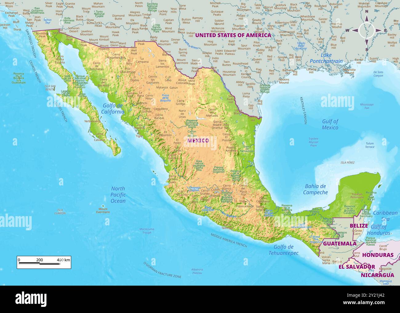 Mexico Physical Map With National Borders Rivers And Lakes Mountains Mexico Physical Map With National Borders Rivers And Lakes Mountains Parks Labeling 2Y21J42