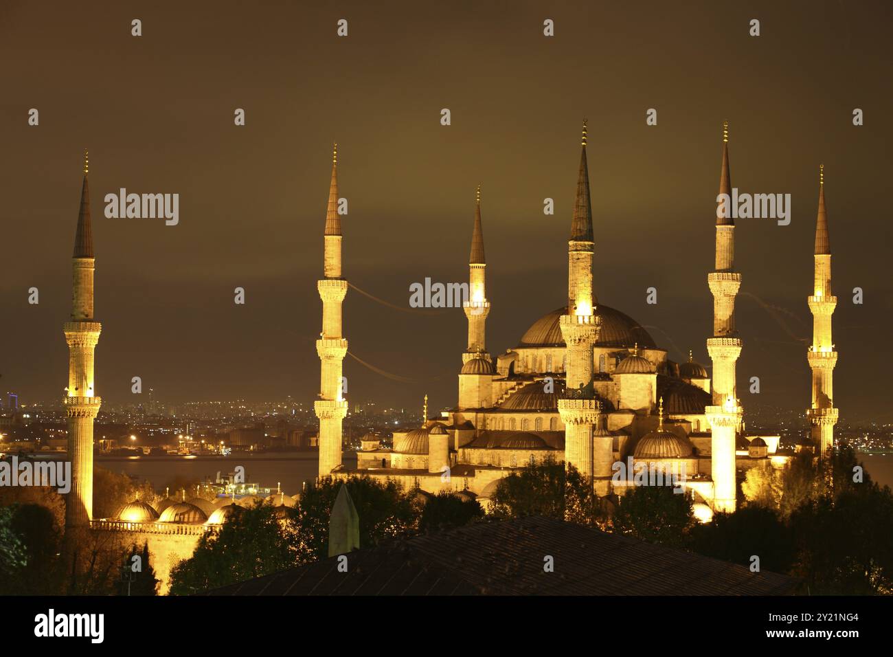 Illuminated Blue Mosque in Istanbul at night Stock Photo - Alamy