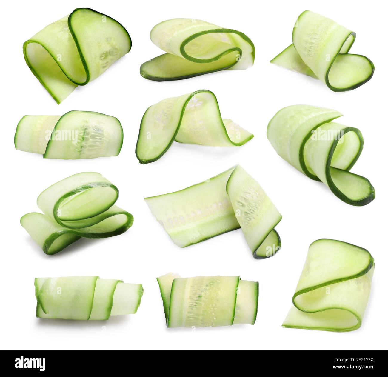 Thinly sliced cucumbers isolated on white, collage Stock Photo
