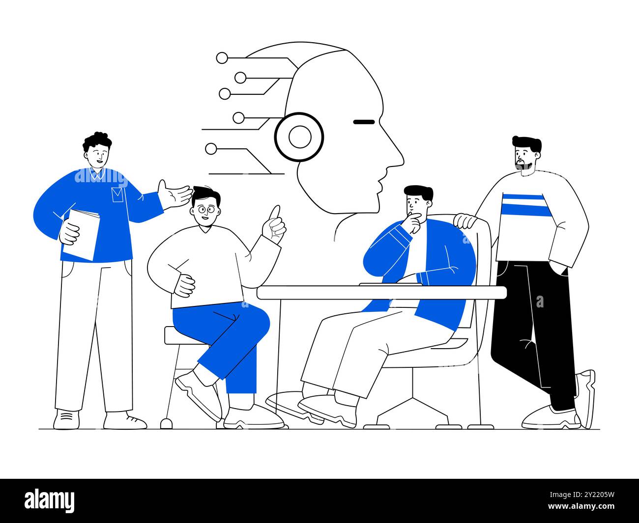 Team discuss AI artificial intelligence head robot illustration of teamwork brainstorming pose in meeting office simple black and blue two color Stock Vector