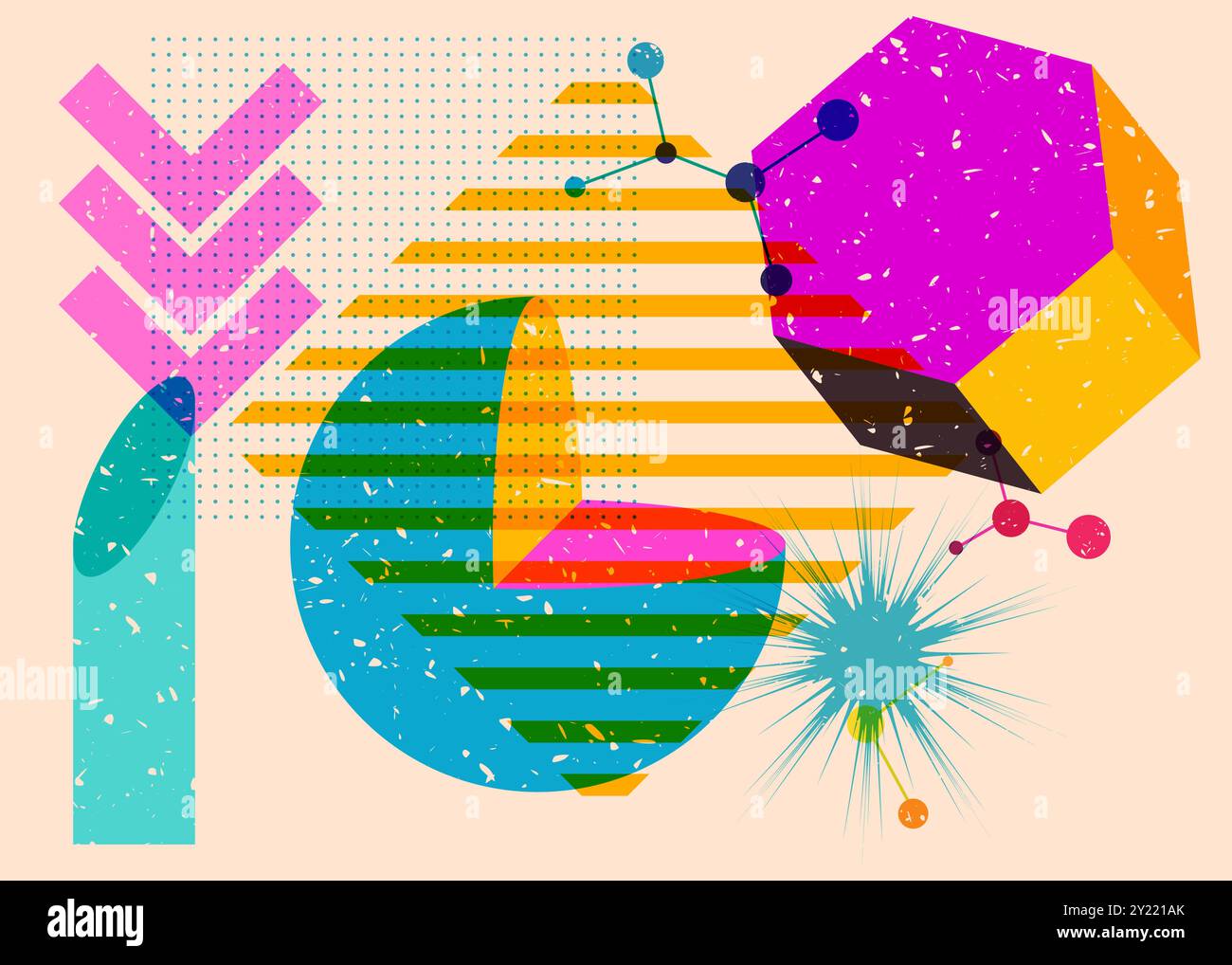 Colorful geometric shapes. Object in trendy riso graph design. Geometry elements abstract risograph print texture style. Stock Vector