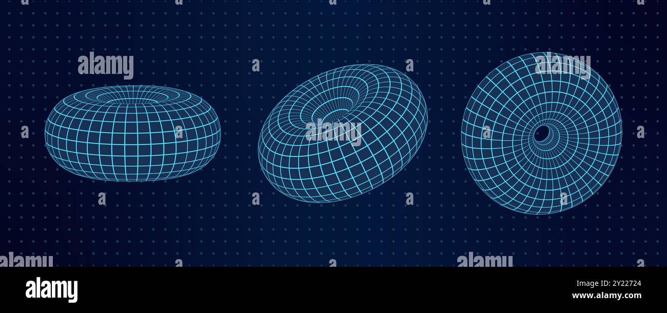 3D Wireframe Mesh Toruses on Grid Background Stock Vector