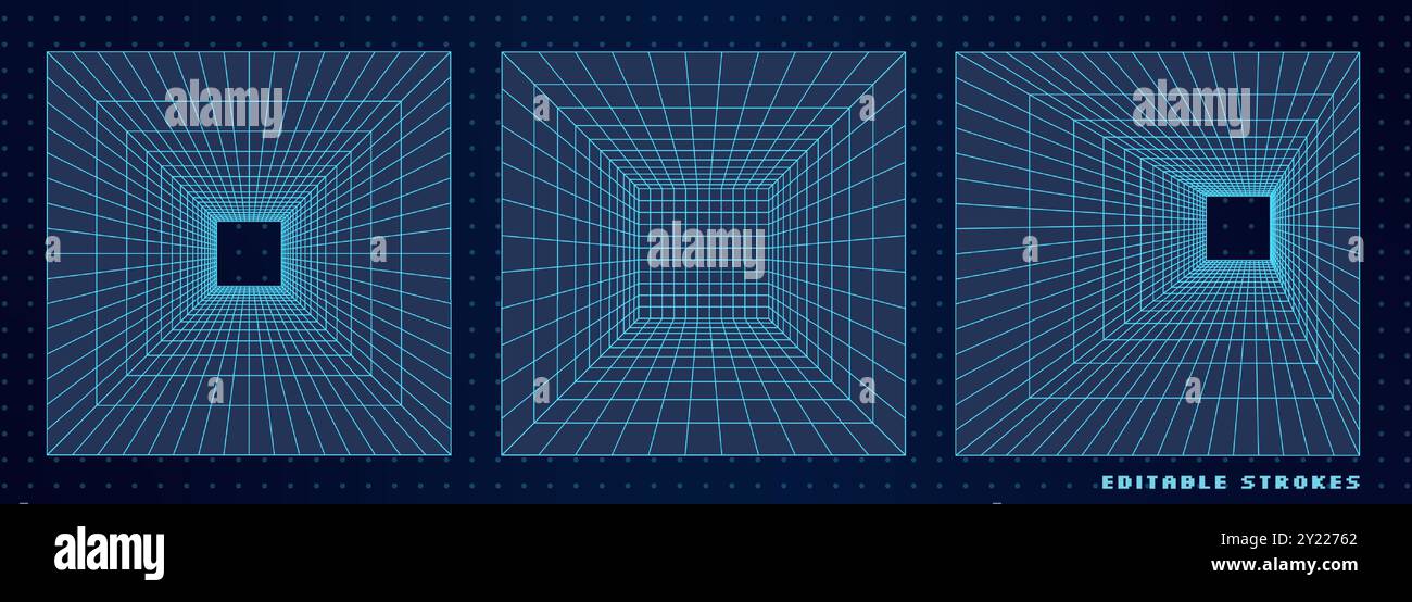 Futuristic 3D Grid Wireframe Tunnels Set Stock Vector