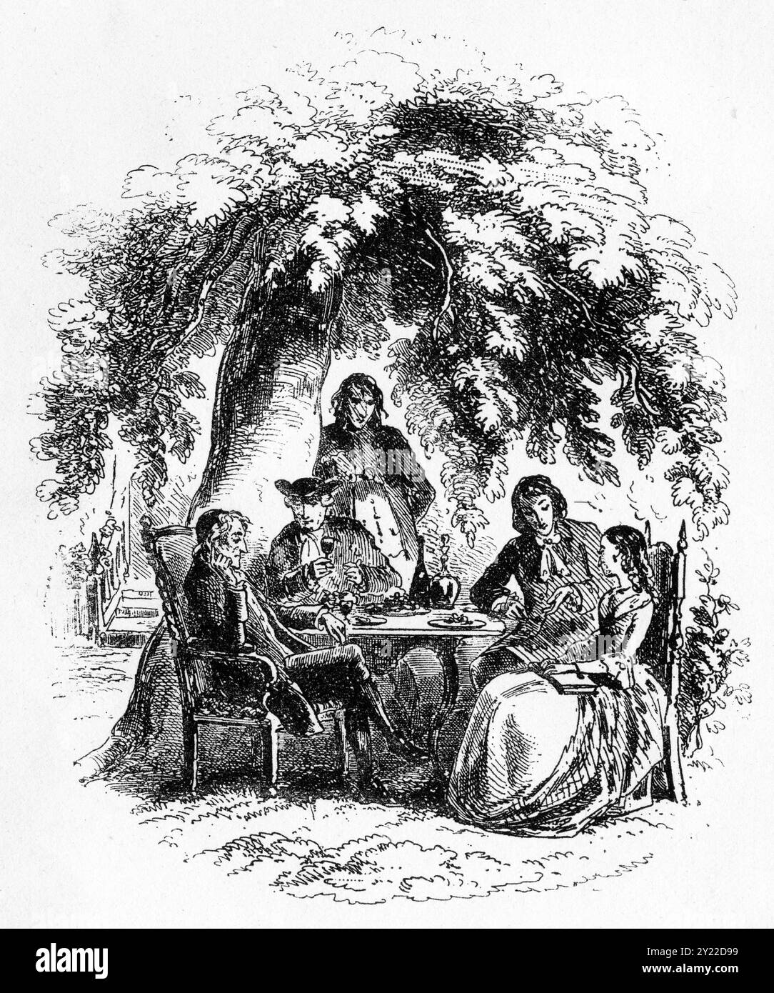 Engraving of an  18th century English family meal enjoying a meal in the garden Stock Photo