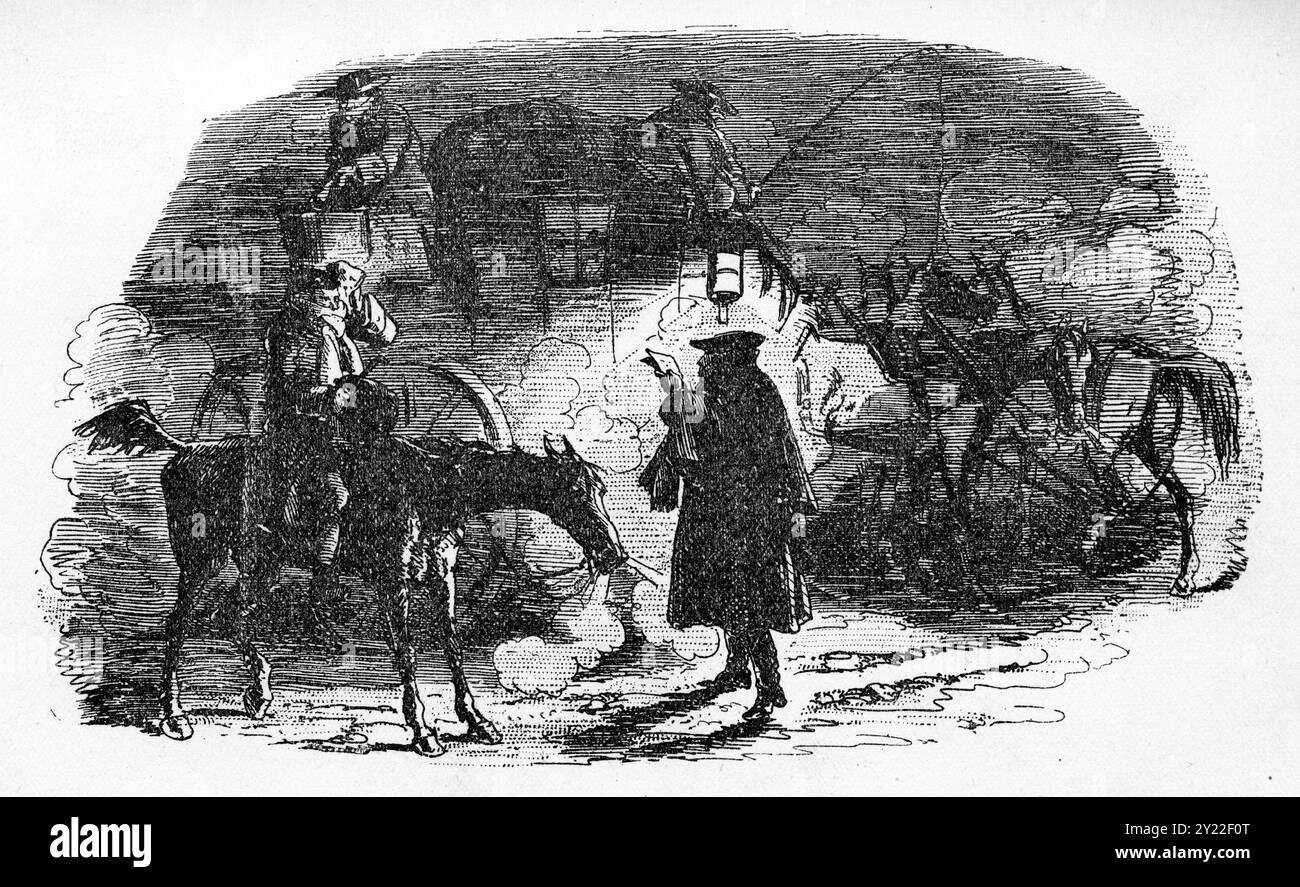 Engraving of a man making a secretive mail delivery at night in 19th century France Stock Photo