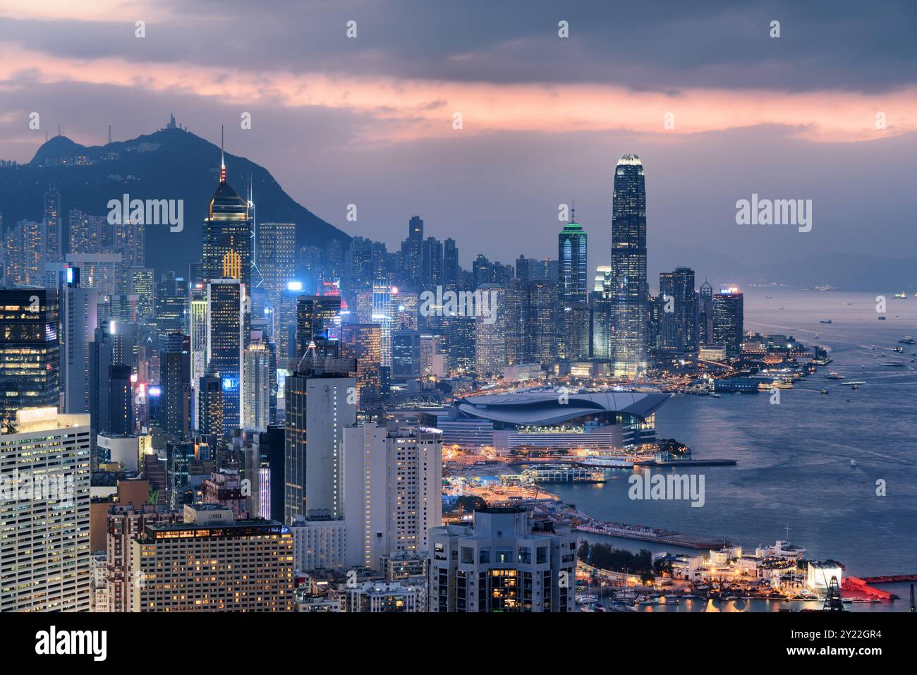 Awesome aerial view of skyscrapers in Hong Kong at sunset Stock Photo ...