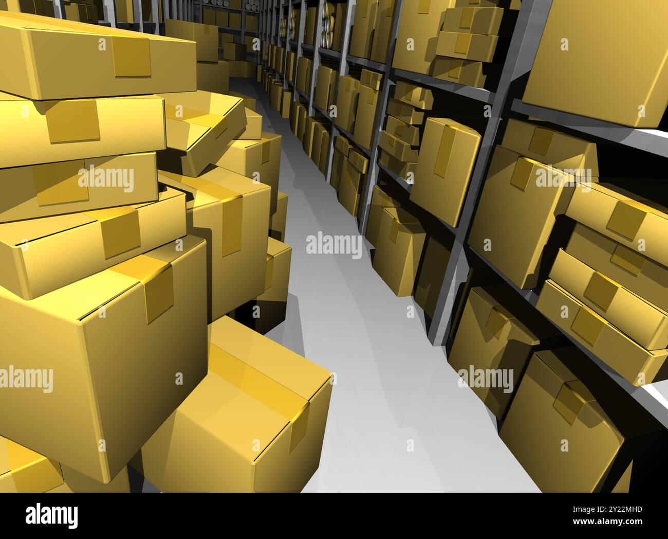 Storage room, shelf’s full with packages Stock Photo