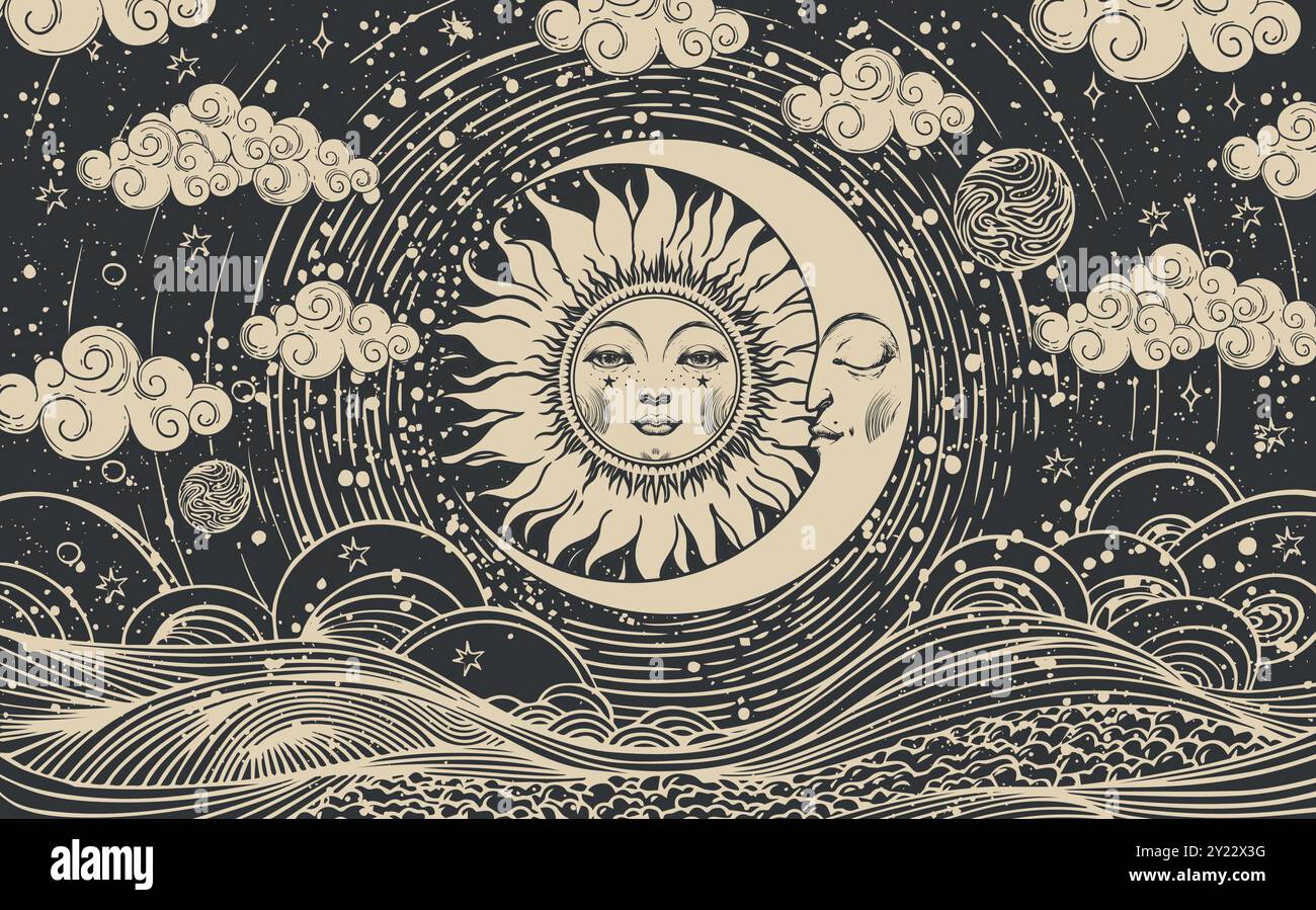 Celestial astrology card of the sun and moon with face, vector esoteric  poster of zodiac, horoscope, tarot. Creation of the Universe with clouds,  star Stock Vector Image \u0026 Art - Alamy, image size:1300x899