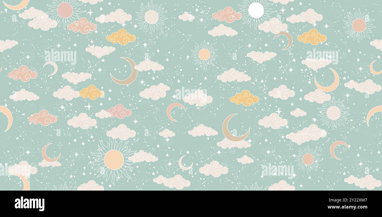 Seamless celestial pattern with sun, moon, stars and clouds. Cute ...