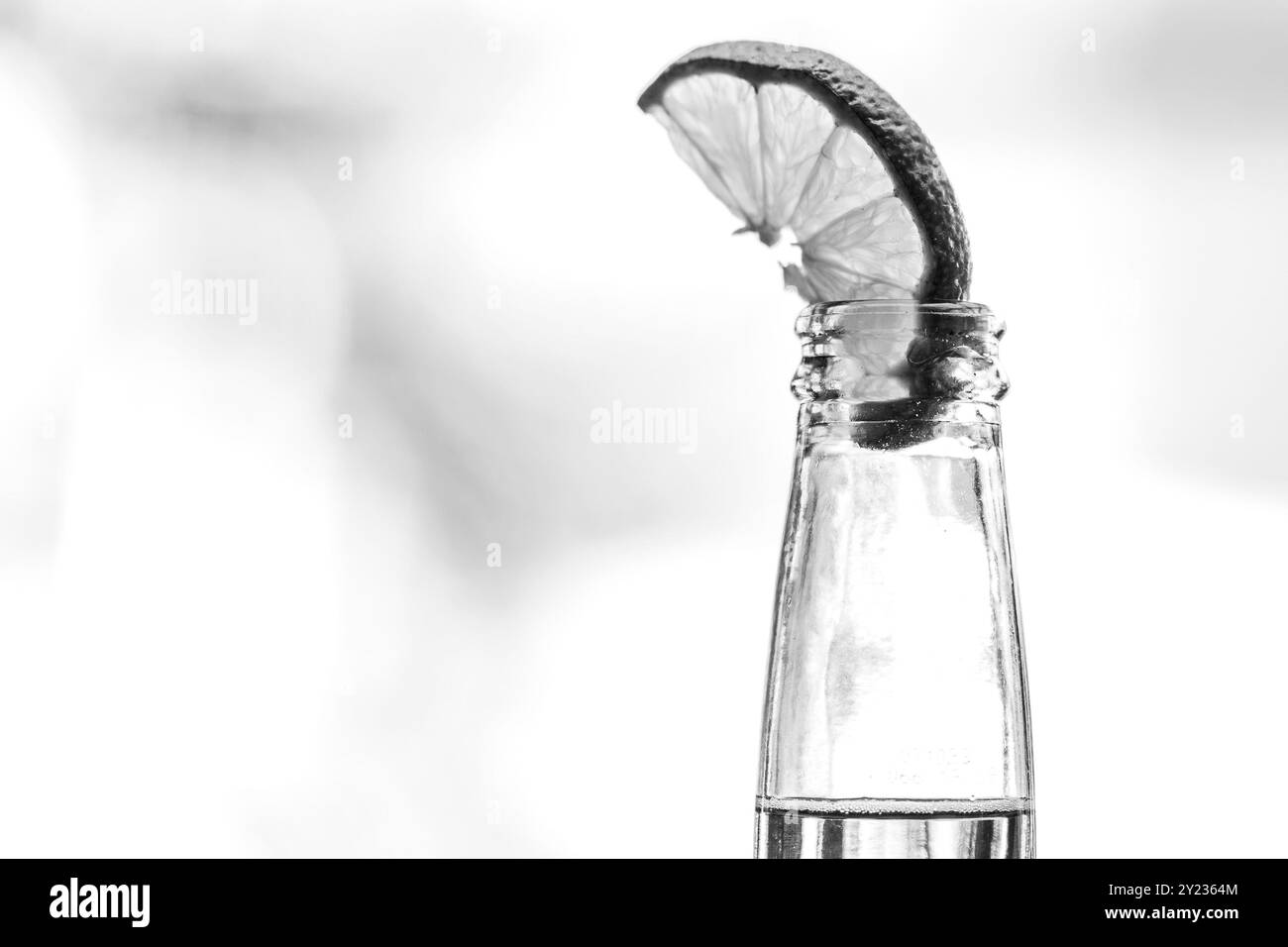 Isolated Lime in Glass Bottle: Minimalist Composition on White Background. Monochrome detail. Stock Photo