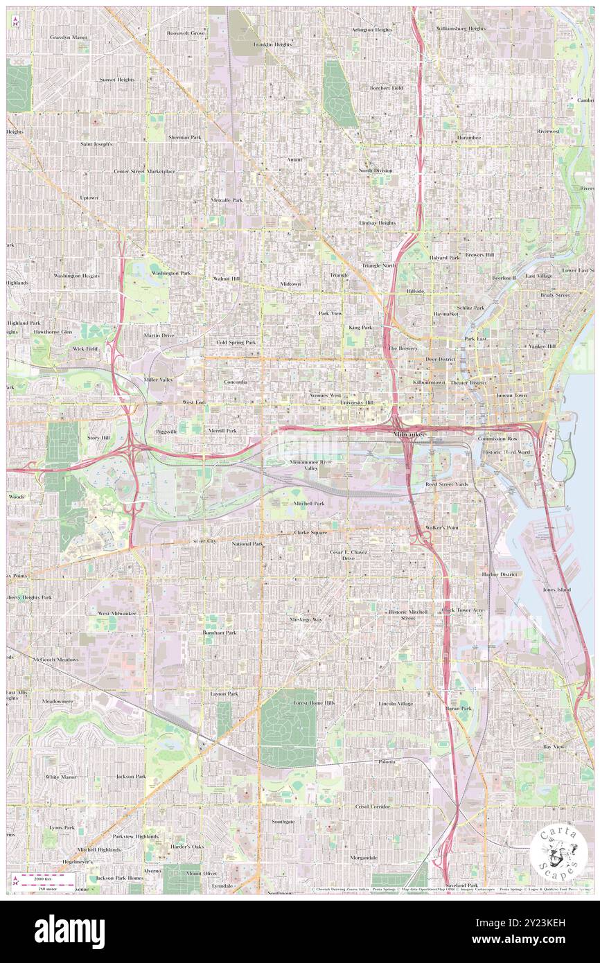 Menomonee River Valley, Milwaukee County, US, United States, Wisconsin, N 43 1' 58'', S 87 56' 28'', map, Cartascapes Map published in 2024. Explore Cartascapes, a map revealing Earth's diverse landscapes, cultures, and ecosystems. Journey through time and space, discovering the interconnectedness of our planet's past, present, and future. Stock Photo