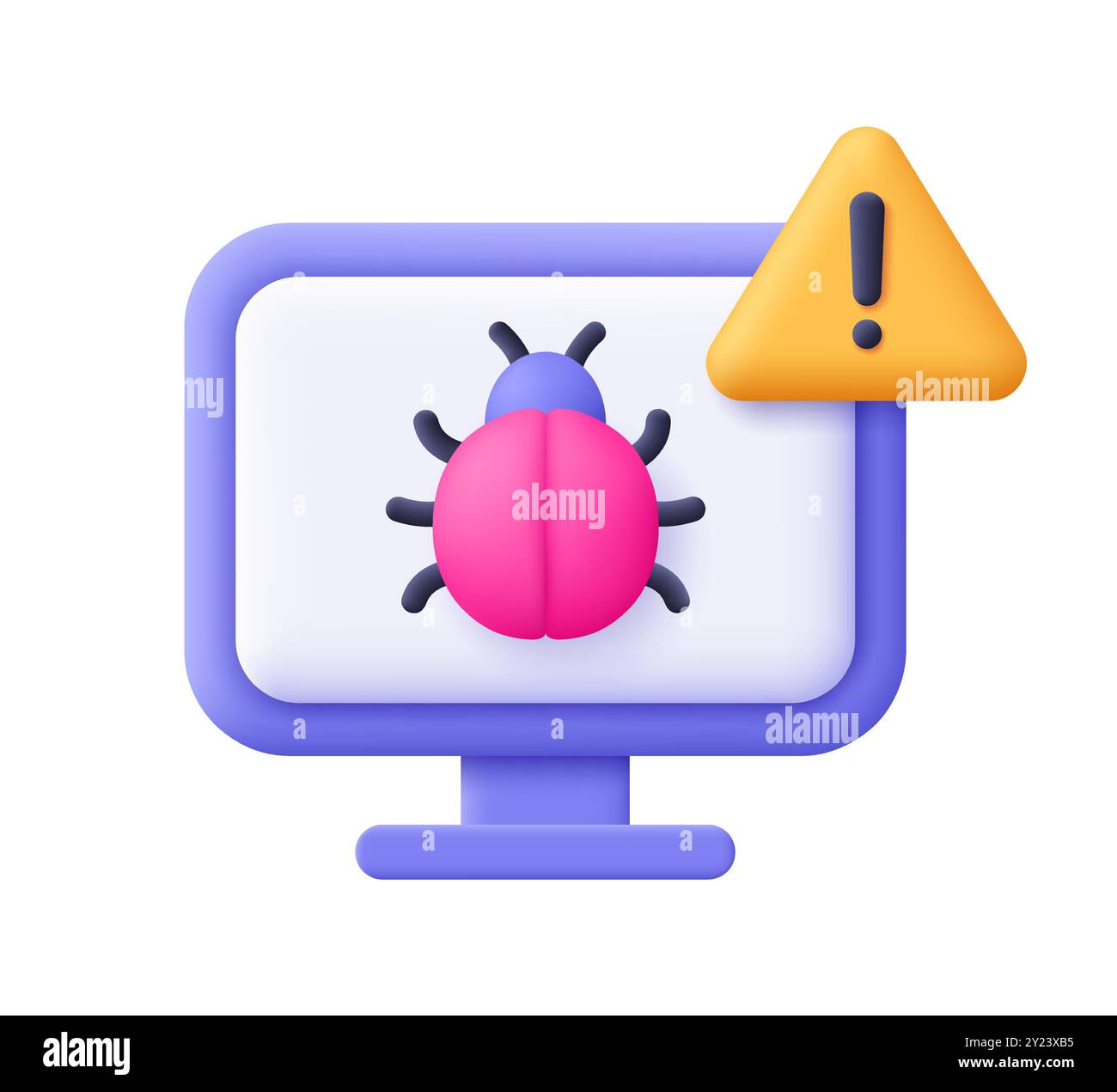 Computer with bug with warning symbol, triangle with exclamation point. Computer virus, malware, bug alert, cyber security concept. 3d vector icon. Ca Stock Vector