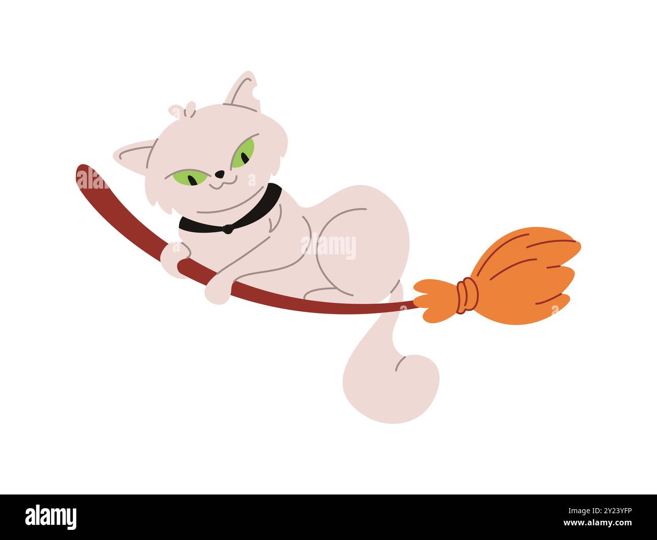 White cat flying on witch broom flat color vector illustration ...