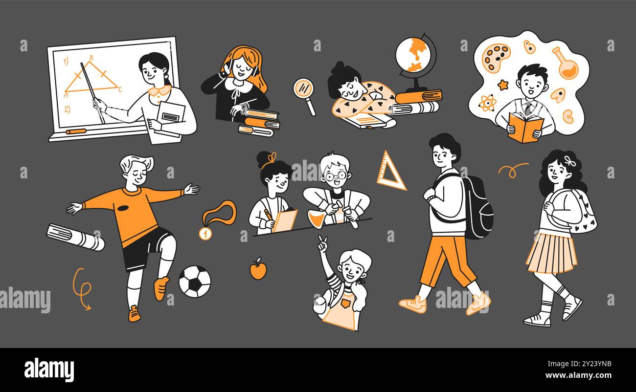 Happy students and teacher doodle line and color illustration set. Back ...
