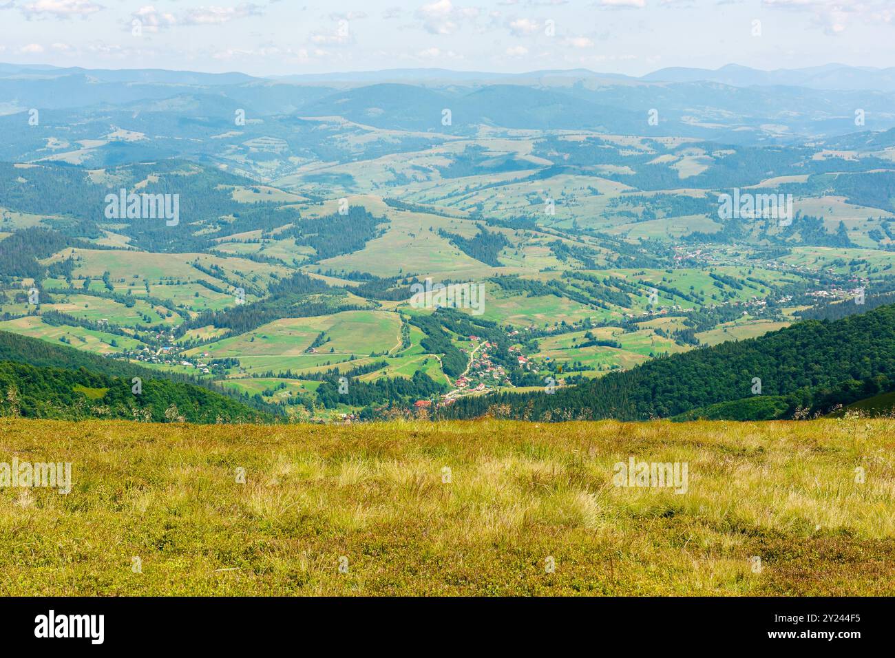 view in to the distant rural valley of pylypets village. mountainous countryside landscape. green meadows and forested hills. beautiful nature scenery Stock Photo