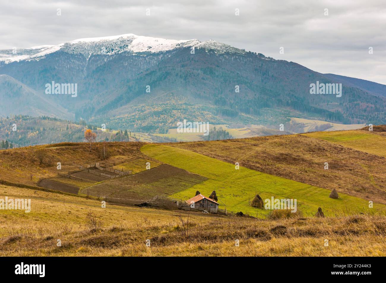countryside landscape with snow capped tops in the distance. gloomy scenery of borzhava ridge with overcast sky in late autumn. scenic agriculture hig Stock Photo