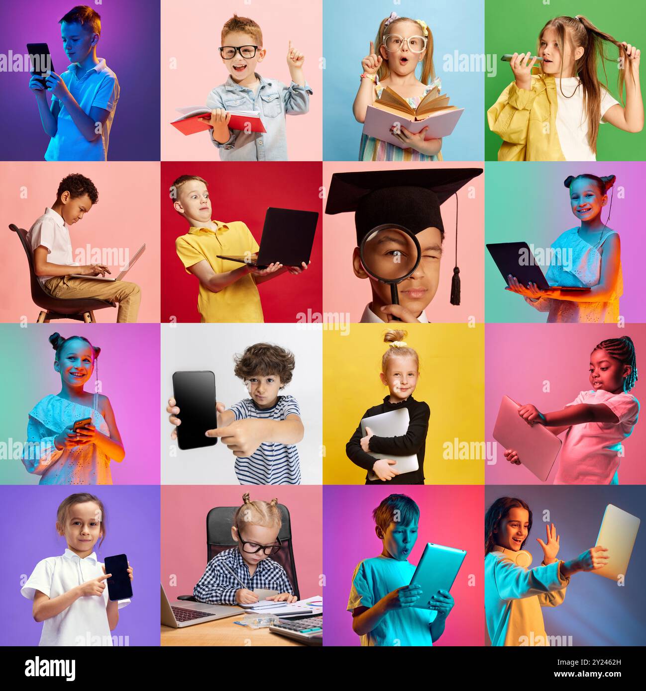 Collage of portraits of kids showing curiosity and excitement. Children ...