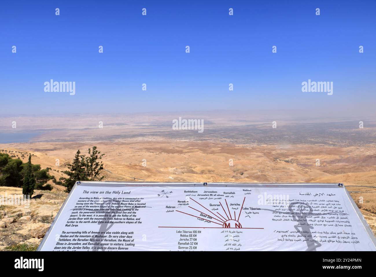 the desert mountain landscape (aerial view from Mount Nebo) and plaque showing the distance from Mount Nebo to various locations, Jordan, Middle East Stock Photo