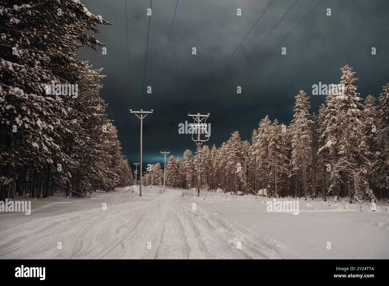 Snowy path through forest under power lines in winter in Rovaniemi ...