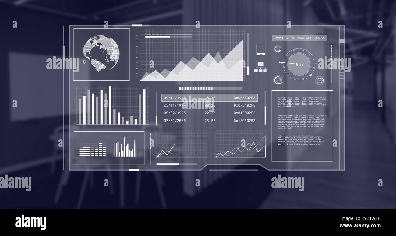 Image of globe and data processing over screen and office Stock Photo ...