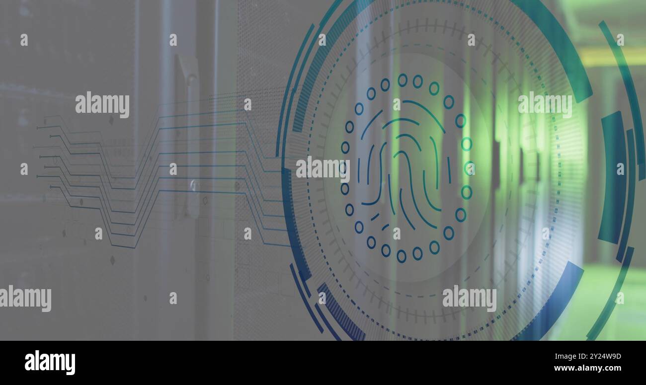Image of biometric fingerprint and digital data processing over computer servers Stock Photo
