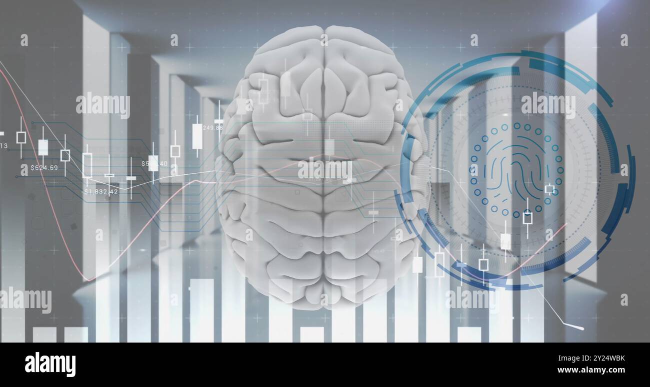 Image of biometric fingerprint and digital data processing over brain ancomputer servers Stock Photo
