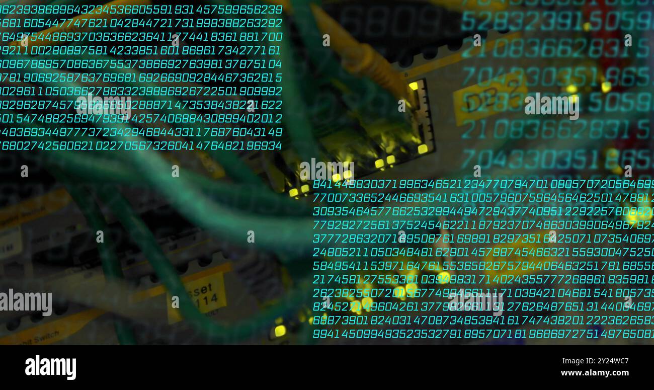 Binary code and data processing over network cables and server hardware Stock Photo