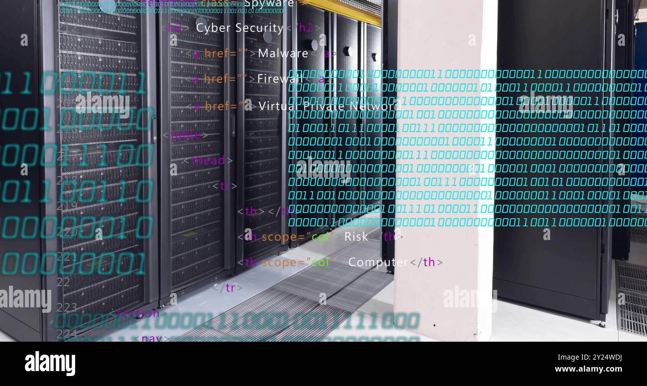 Binary code and HTML tags over server racks in data center ...