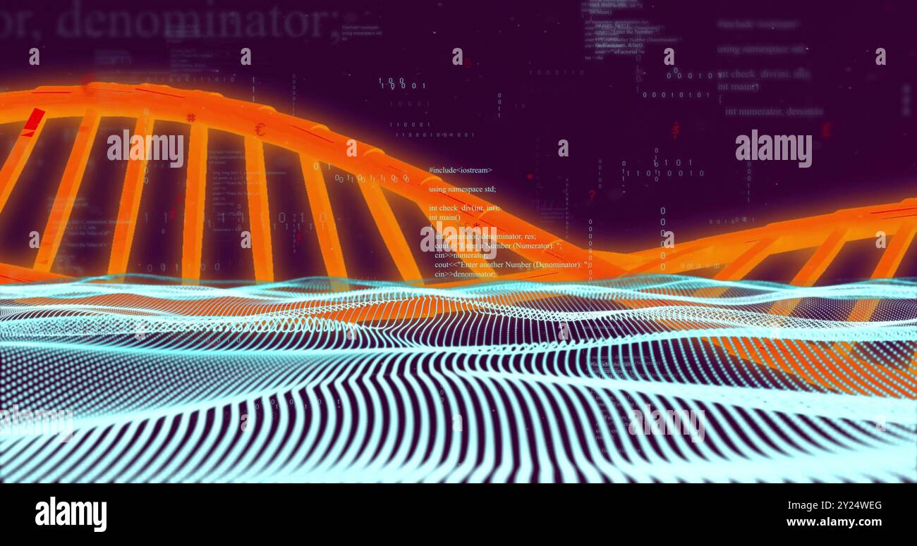 DNA strand and binary coding over abstract digital landscape Stock Photo
