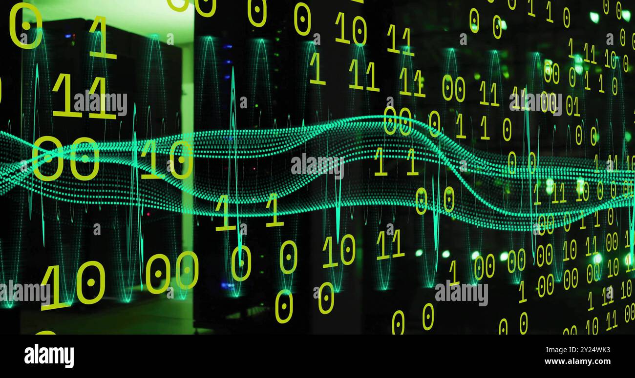 Binary code and digital wave image over cityscape at night Stock Photo