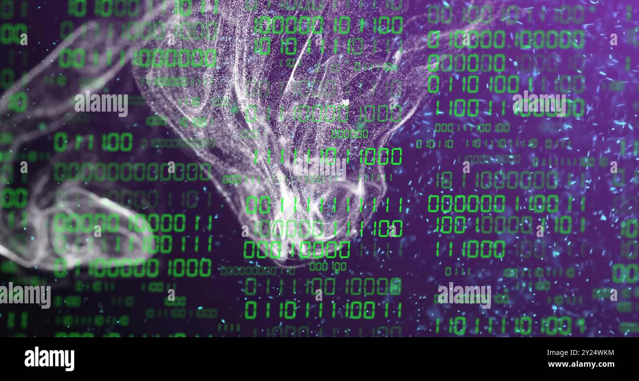 Binary code and data processing over abstract image of swirling shapes Stock Photo
