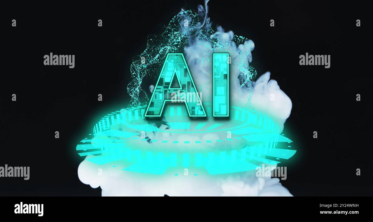 AI text over digital hologram and smoke image Stock Photo
