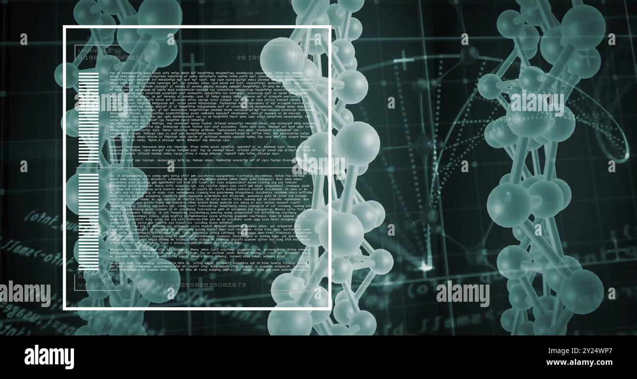 Image of molecules moving over data processing on black background Stock Photo