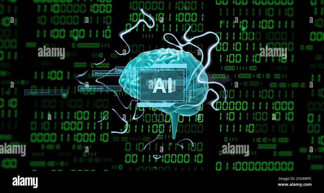 AI text over digital brain and binary code background Stock Photo - Alamy