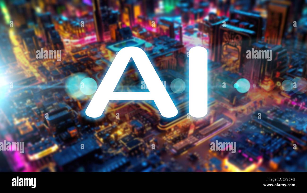 Technology abstract artistic defocused background, internet and networking concept.AI Learning and Artificial Intelligence Concept. Stock Photo