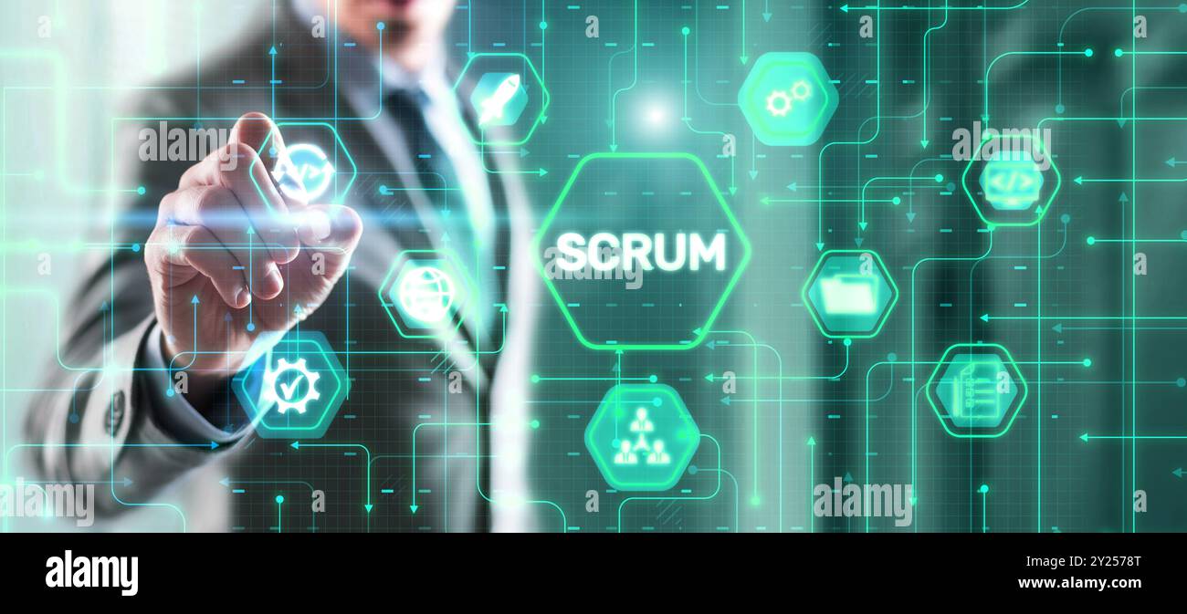 Businessman presses a button Scrum process software development outline concept. Stock Photo