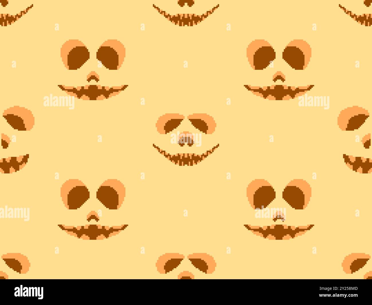 Seamless pattern with halloween scary face in pixel art style. Pixel scary pumpkin face in 8-bit retro graphic style of 80s games. Design for wallpape Stock Vector